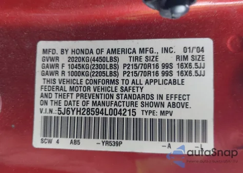 2004 Honda Element Ex from USA, damaged, VIN 5J6YH28594L004215